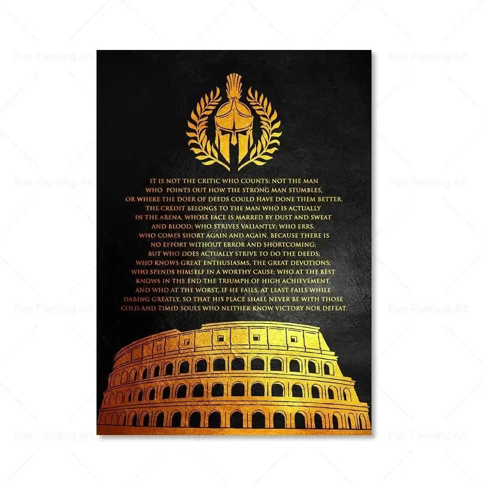 A black canvas featuring a laurel wreath design above a quote about the credit belonging to those who strive valiantly.
