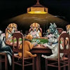 A painting depicting several dogs playing poker around a table under a spotlight.