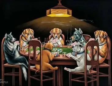 A painting depicting several dogs playing poker around a table under a spotlight.