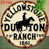 Vintage metal wall sign featuring a silhouette of a cowboy riding a horse and text for Yellowstone Dutton Ranch 7.9 Ranch 789