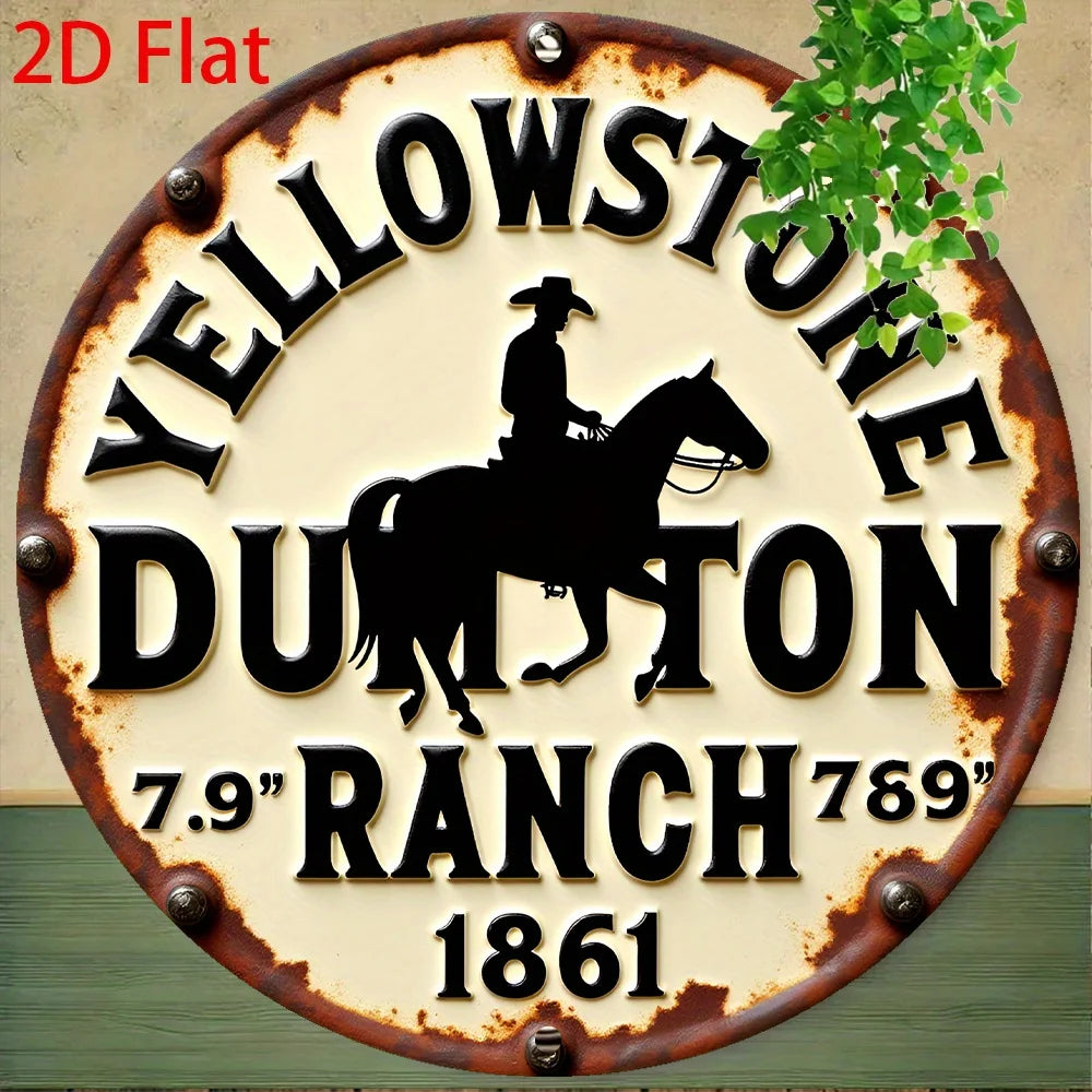 Vintage metal wall sign featuring a silhouette of a cowboy riding a horse and text for Yellowstone Dutton Ranch 7.9 Ranch 789