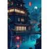 Ukiyo-e anime city street canvas wall art depicting a traditional Japanese cityscape at night with illuminated buildings and 