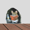 A watercolor illustration of a small mouse with large ears reading an open book, set against a dark background.