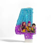 A clear plastic candle featuring three character figures set in blue and purple glitter.