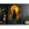 Canvas wall art depicting a dark witch silhouette against a bright full moon in a forest setting.