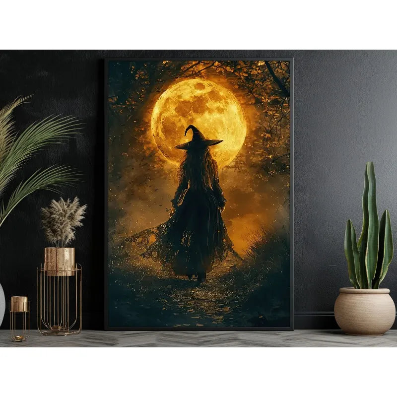 Canvas wall art depicting a dark witch silhouette against a bright full moon in a forest setting.