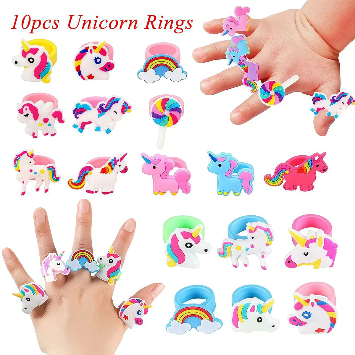 A collection of 10 unicorn rings in various colors and designs displayed on a hand.
