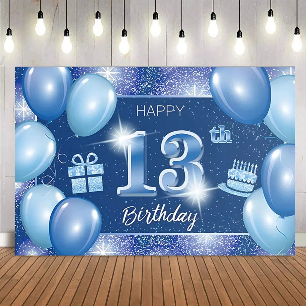 A blue and silver glitter backdrop for a happy 13th birthday party featuring balloons and sparkling text.