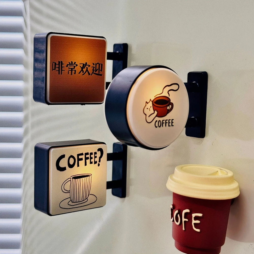 Magnetic fridge decor featuring two signs labeled Coffee and 常欢运.