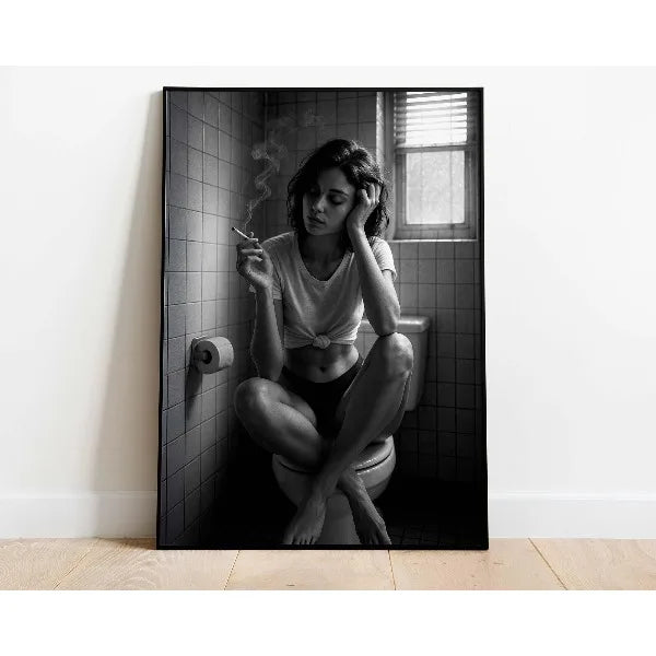 A portrait of a woman with dark hair smoking, seated in front of a window with a black and white tiled background.