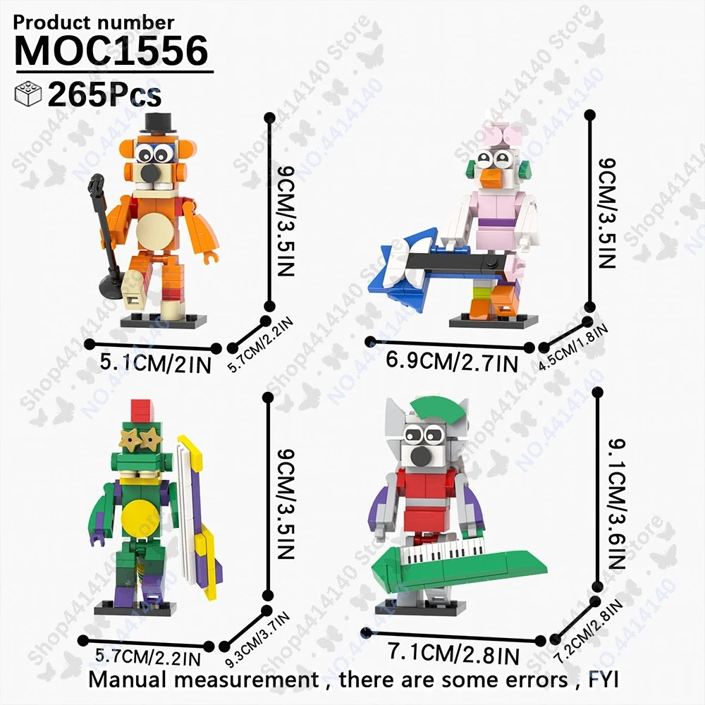 A set of five Nightmarish characters built from building blocks, showing various sizes and configurations.