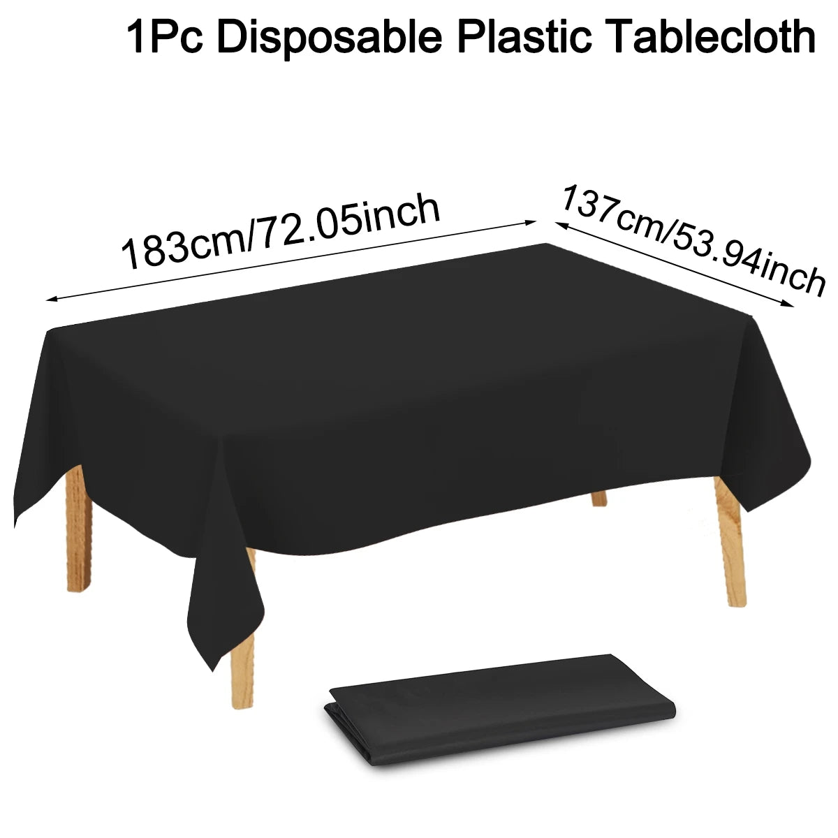 Black disposable plastic tablecloth measuring 183cm wide for events