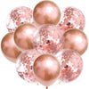 A cluster of rose gold and pink confetti balloons used for parties.