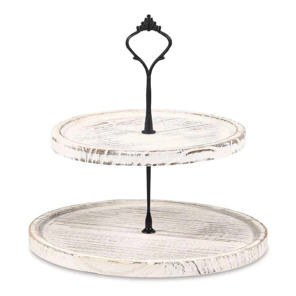 A black metal cupcake stand with two wooden tiers, featuring a decorative iron topper.