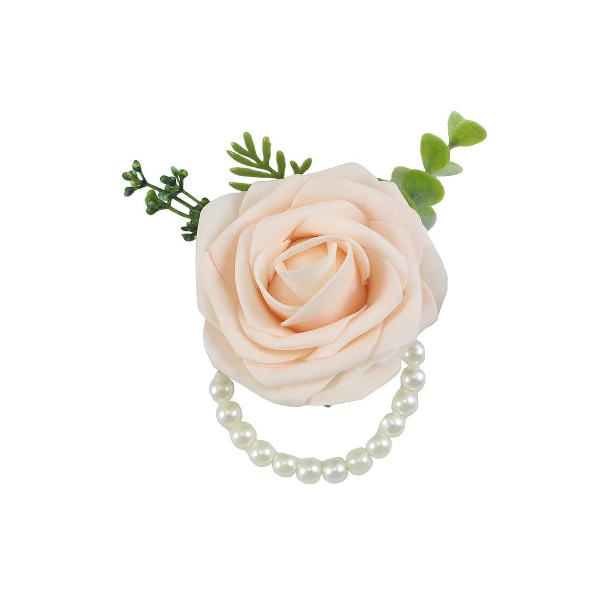 Elegant wrist corsage bracelet featuring pale pink roses and green foliage for weddings