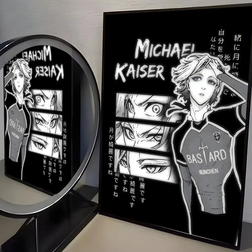 A canvas print featuring Michael Kaiser from Blue Lock anime, displayed in a black frame.