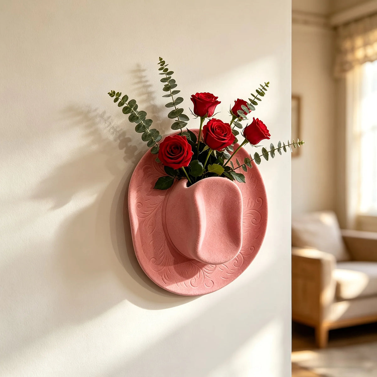 A pink ceramic wall vase shaped like a cowboy hat holding red roses against a white wall.
