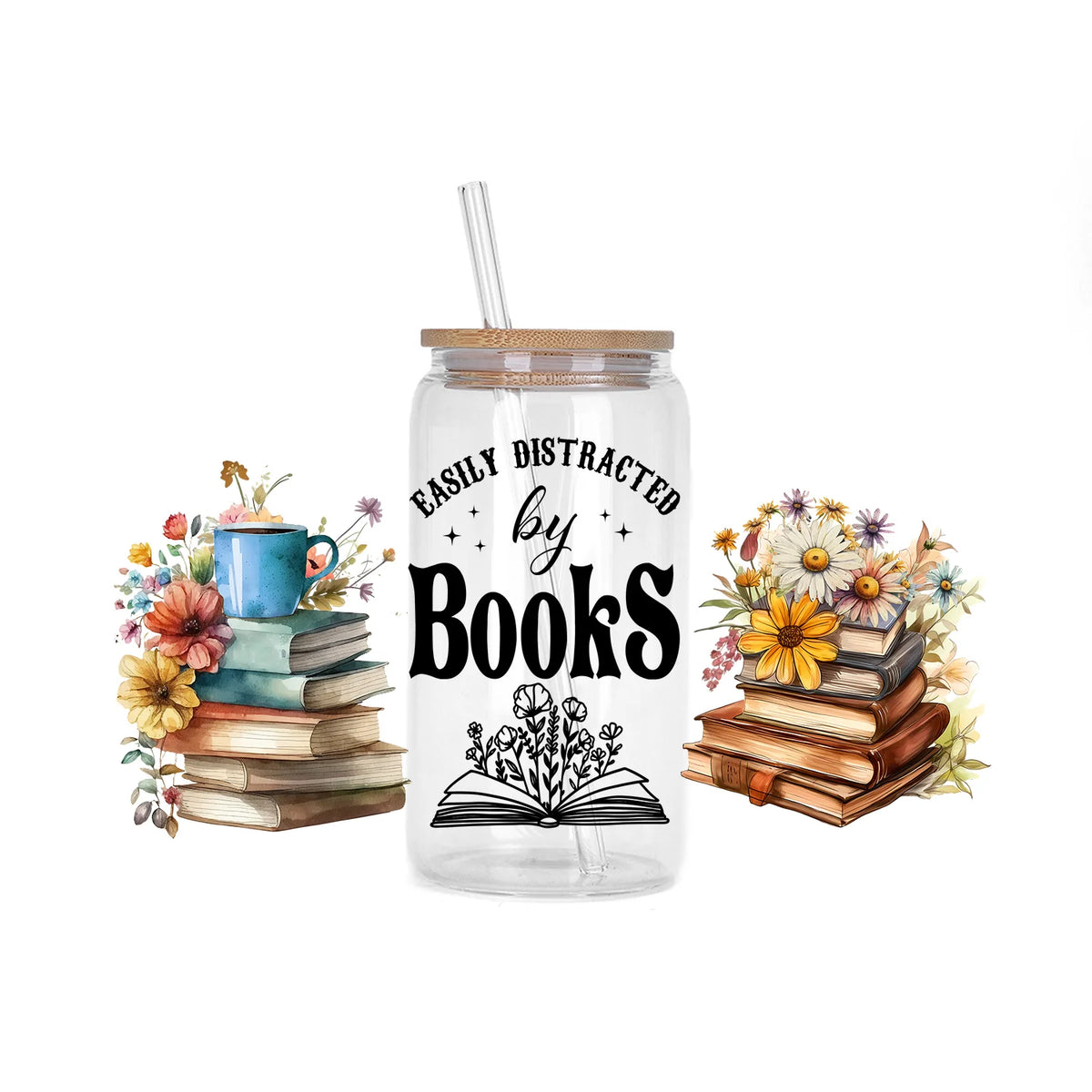 A clear glass jar filled with decorative stickers and a straw, featuring text that reads Easily Distracted by Books.