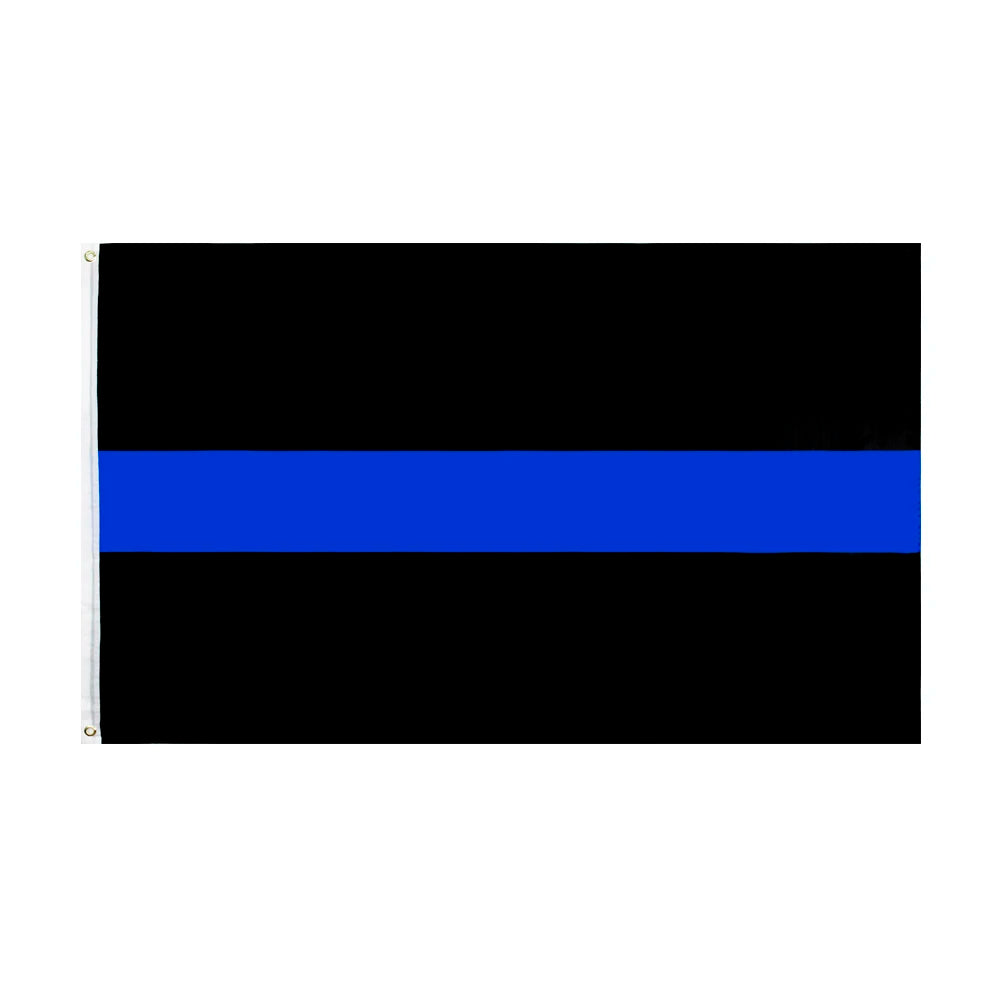 A black flag with a horizontal blue stripe and a thin red line.