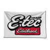 A white flag featuring the black and red logo E-tec Edelbrock.