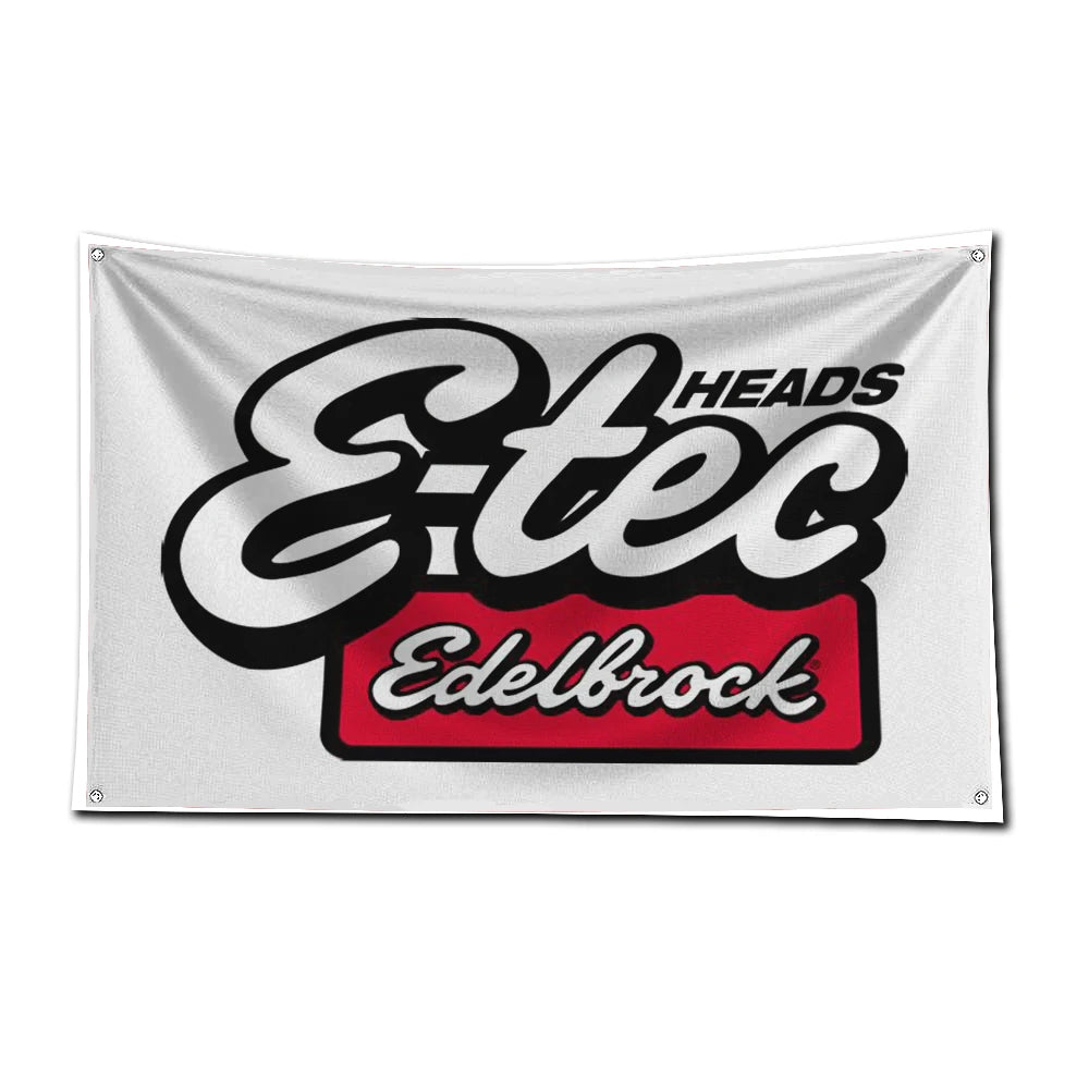 A white flag featuring the black and red logo E-tec Edelbrock.