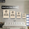 A guide showing various sizes of wall art prints for a 2D flat canvas print displayed above a white sofa.