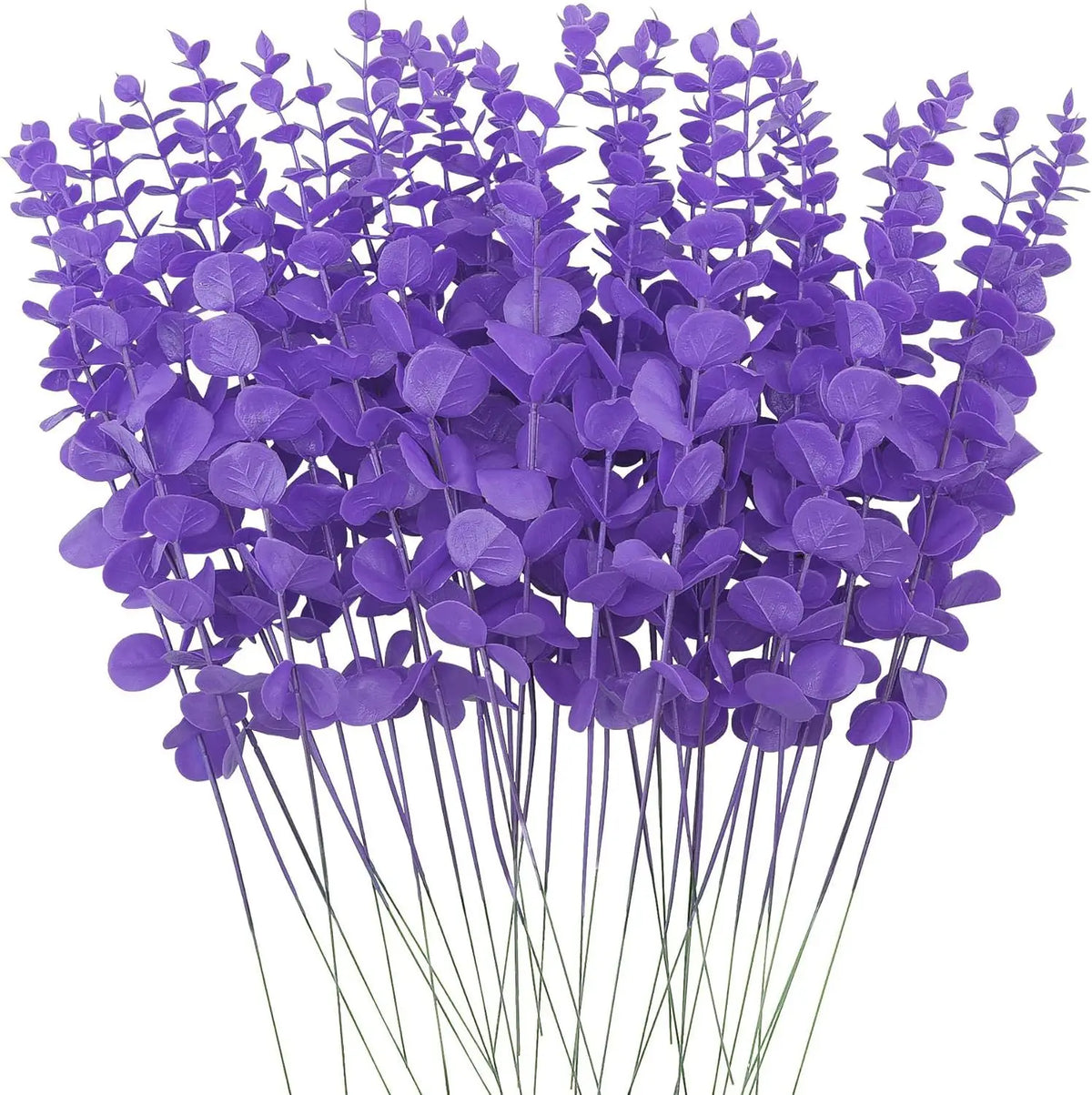 A bunch of purple artificial eucalyptus leaves used for home and event decor.