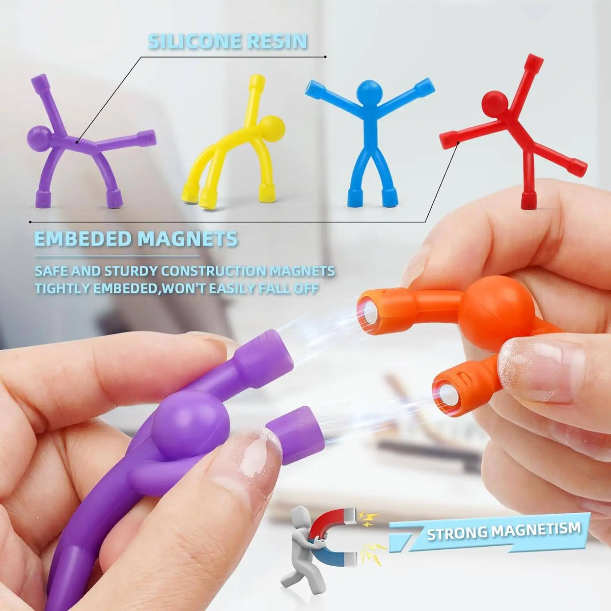 Hands demonstrate silicone resin magnets with humanoid figures and embedded magnets for decoration.