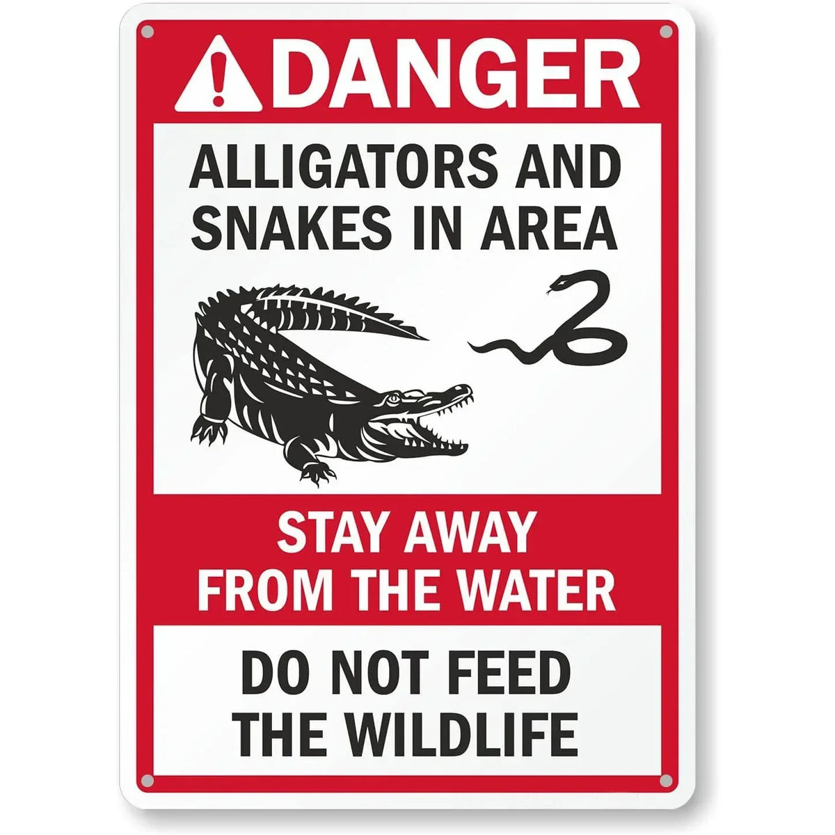 A vintage red and white warning sign featuring an alligator and snake graphic, with text advising to stay away from the water