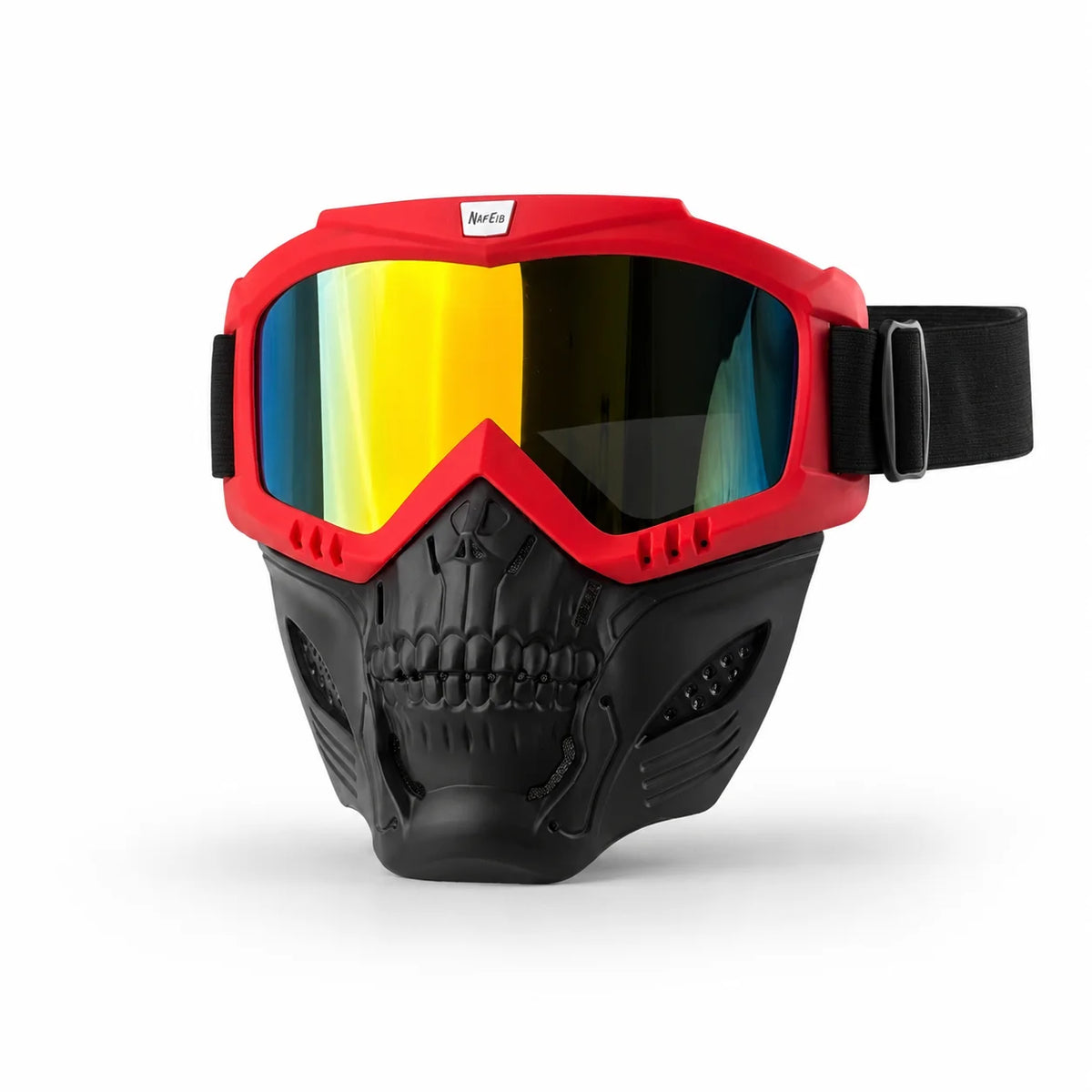 Red full face skull riding goggles with a black frame and yellow-tinted lenses