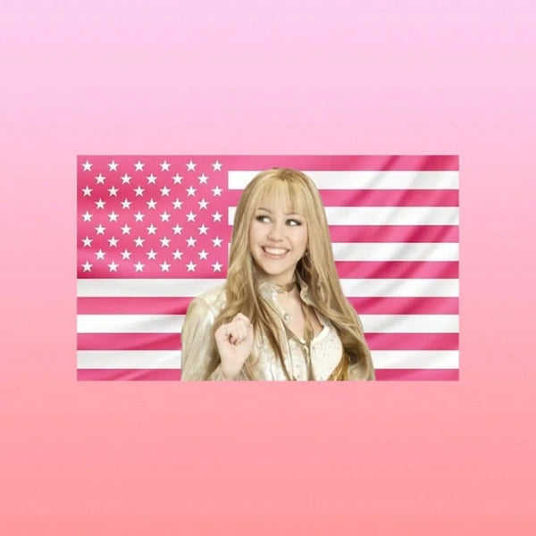 A young woman with long blonde hair smiles while positioned in front of a pink American flag tapestry background.
