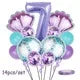 A set of seven purple balloons shaped like the number 7 with surrounding light blue and purple balloons for a party decoratio