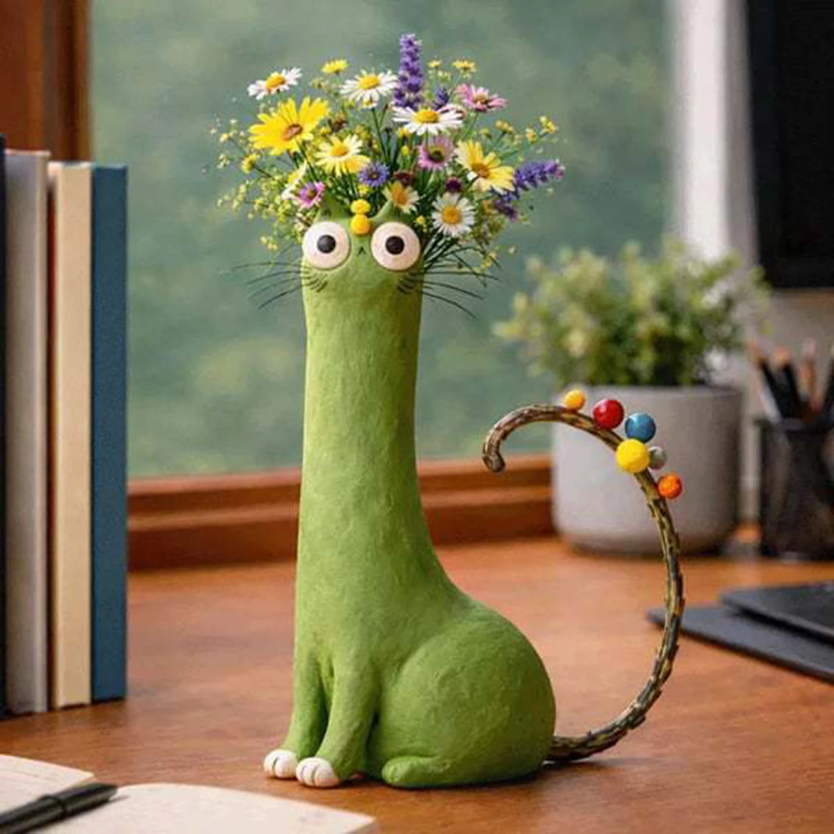 A green, whimsical resin cat figure with long whiskers and a flower crown sits next to a wooden bookshelf.