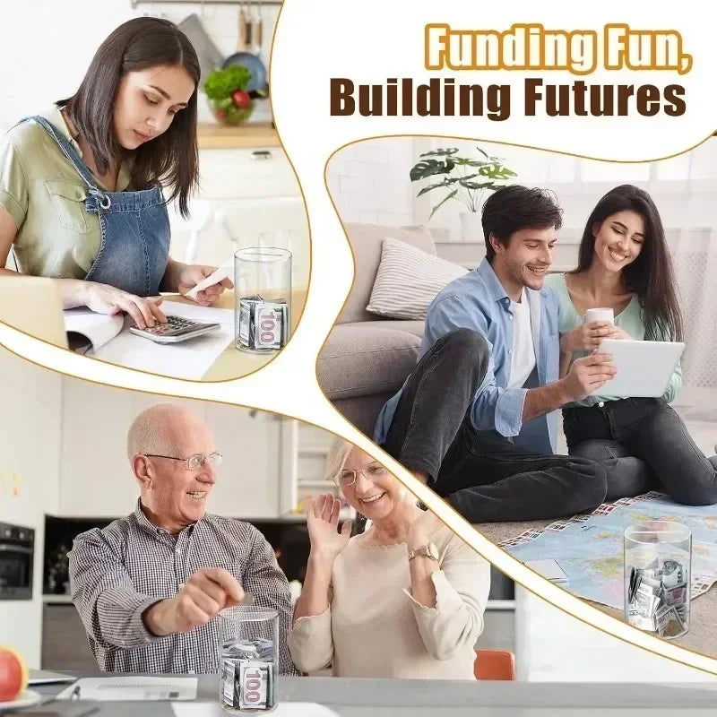 A family is shown in a bright home setting, with a clear acrylic piggy bank visible on the table.
