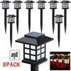 An 8-pack of black solar pathway lights with automatic dusk-to-dawn operation and a solar panel.