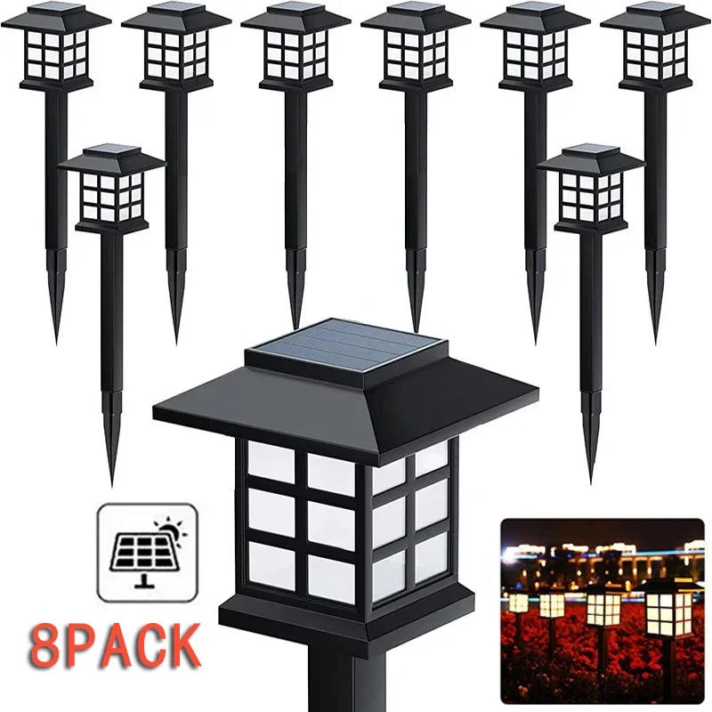 An 8-pack of black solar pathway lights with automatic dusk-to-dawn operation and a solar panel.
