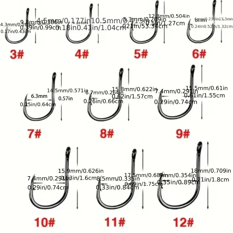 Un ensemble de douze hameçons en acier au carbone numérotés de 3# à 12#, montrant différentes tailles et angles.