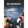 A close-up, gritty photo of a football athlete with his arm raised against a dark background, featuring the text BE LEGENDARY