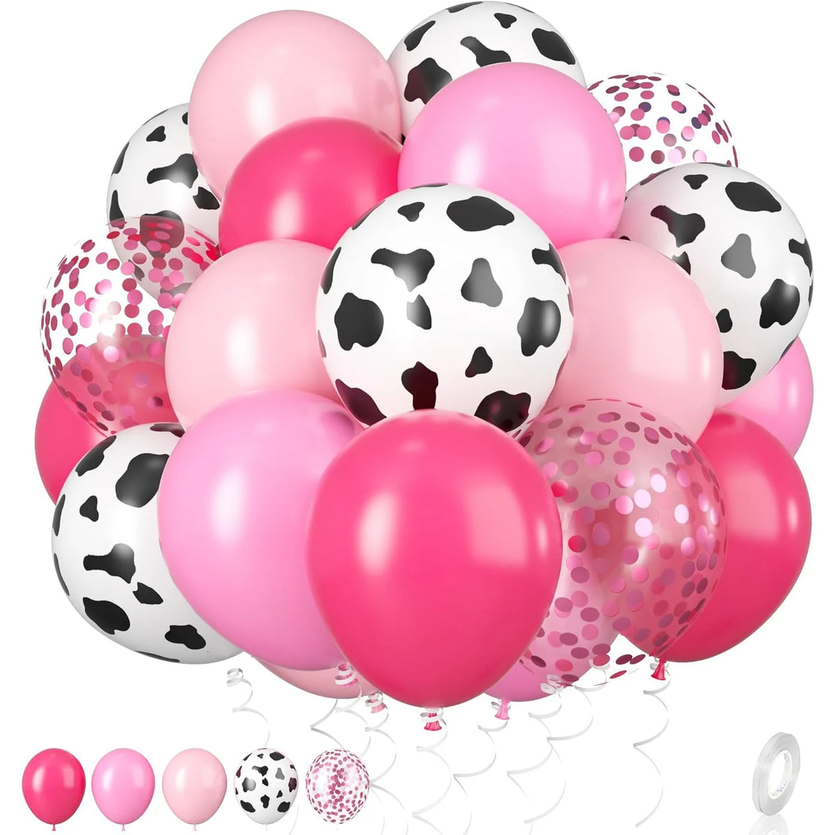 A bunch of pink and white cow print balloons for farm-themed parties