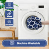 A white washing machine is shown with a dark blue cloth inside, surrounded by icons highlighting easy cleaning, durability, a