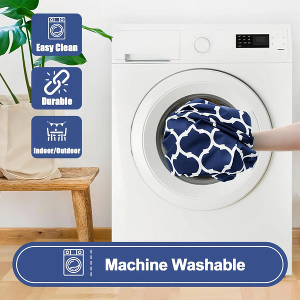 A white washing machine is shown with a dark blue cloth inside, surrounded by icons highlighting easy cleaning, durability, a