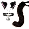 Black furry cat ear headband and tail costume set with a silver charm pendant