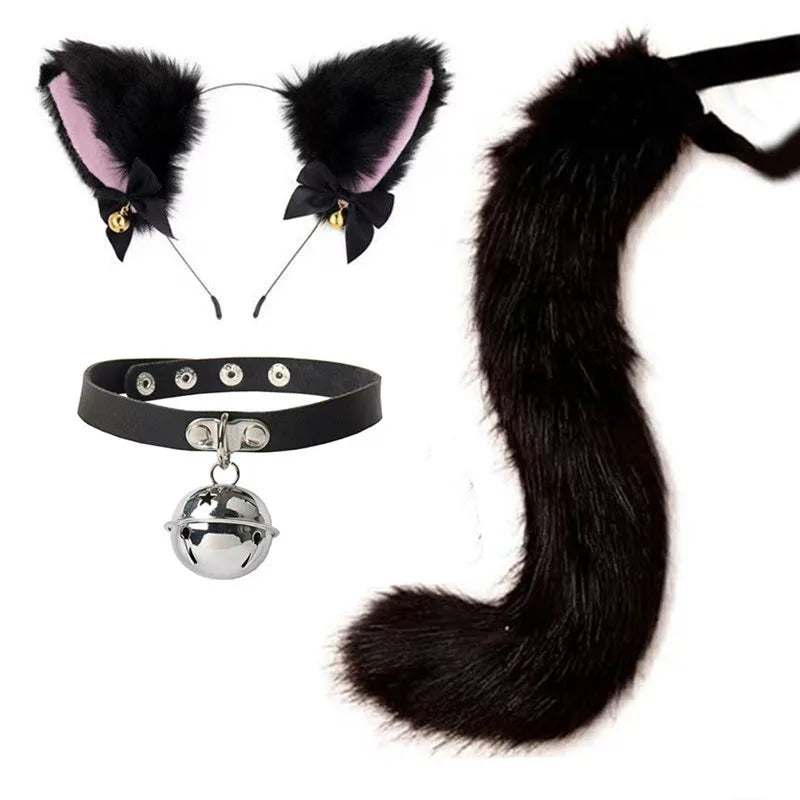 Black furry cat ear headband and tail costume set with a silver charm pendant