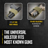 A beige holster is shown with a gun, highlighting its adjustability and universal fit for various firearms.