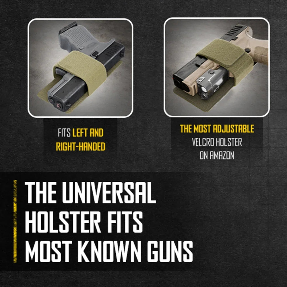 A beige holster is shown with a gun, highlighting its adjustability and universal fit for various firearms.