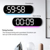 Reloj de pared digital LED RGB que muestra un temporizador de cuenta regresiva y funciones de inicio