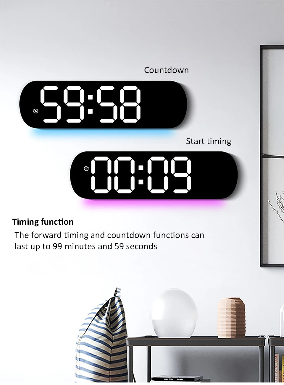 Reloj de pared digital LED RGB que muestra un temporizador de cuenta regresiva y funciones de inicio