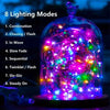 A glass jar filled with colorful LED string lights demonstrating eight different lighting modes.