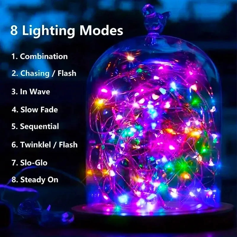 A glass jar filled with colorful LED string lights demonstrating eight different lighting modes.