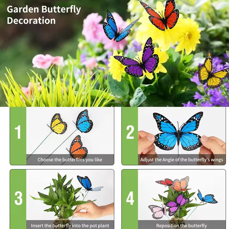 Instructions for decorating a garden with butterflies using decorative stakes and flowers.